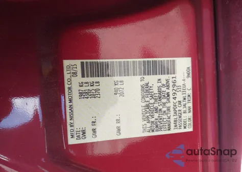 2015 Nissan Altima 3.5 S/3.5 Sl/3.5 Sv z USA, uszkodzony, nr VIN 1N4BL3AP0FC492961